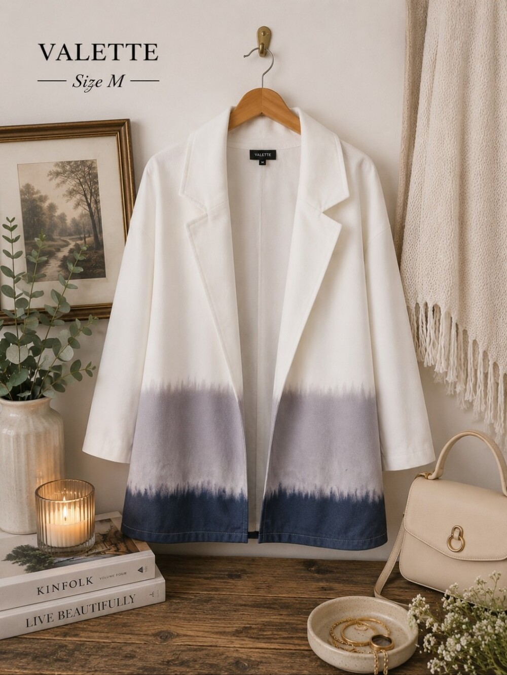 Valette Ombre Open Front Coatigan White Blue Gray Watercolor Duster Jacket Sz M